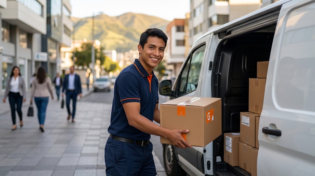 Mensajero cargando paquetes corporativos en una furgoneta
