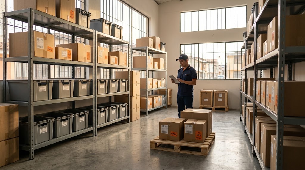 Bodega de almacenamiento con paquetes organizados